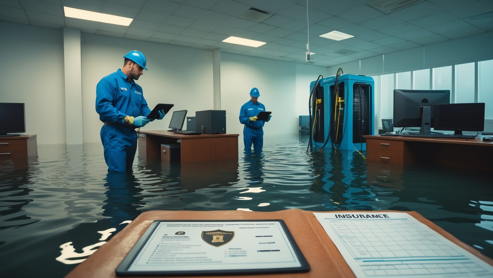 Professional restoration team cleaning up commercial flood damage with equipment to protect your business investment and financial assets