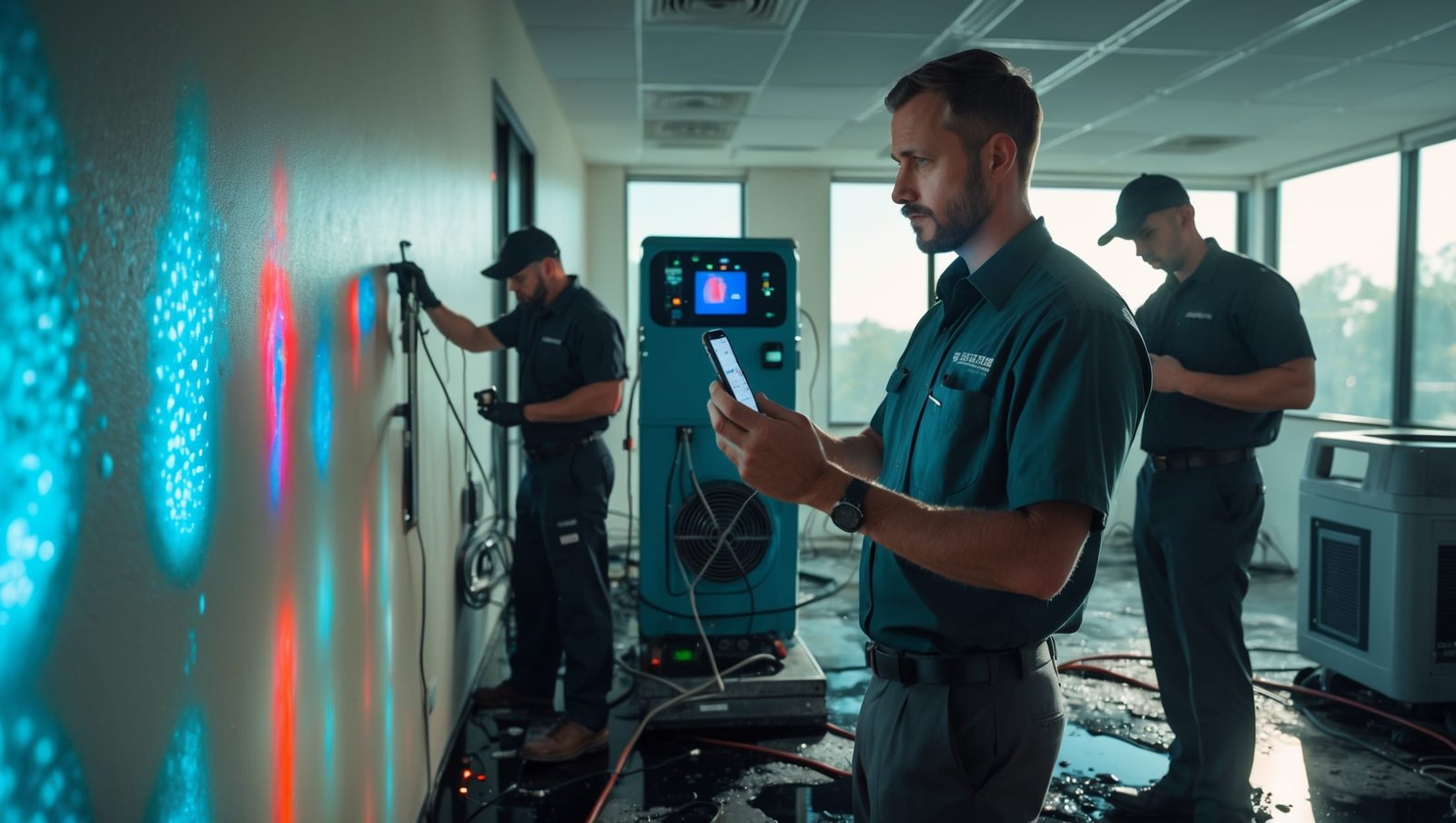 Commercial water damage restoration technicians using advanced drying equipment and technology to revive a flooded business office space