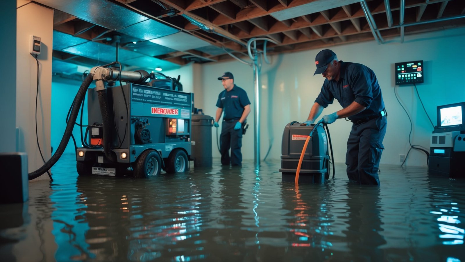 Advanced equipment extracting floodwater from home interior with professional technicians using emergency water removal tools for rapid damage mitigation