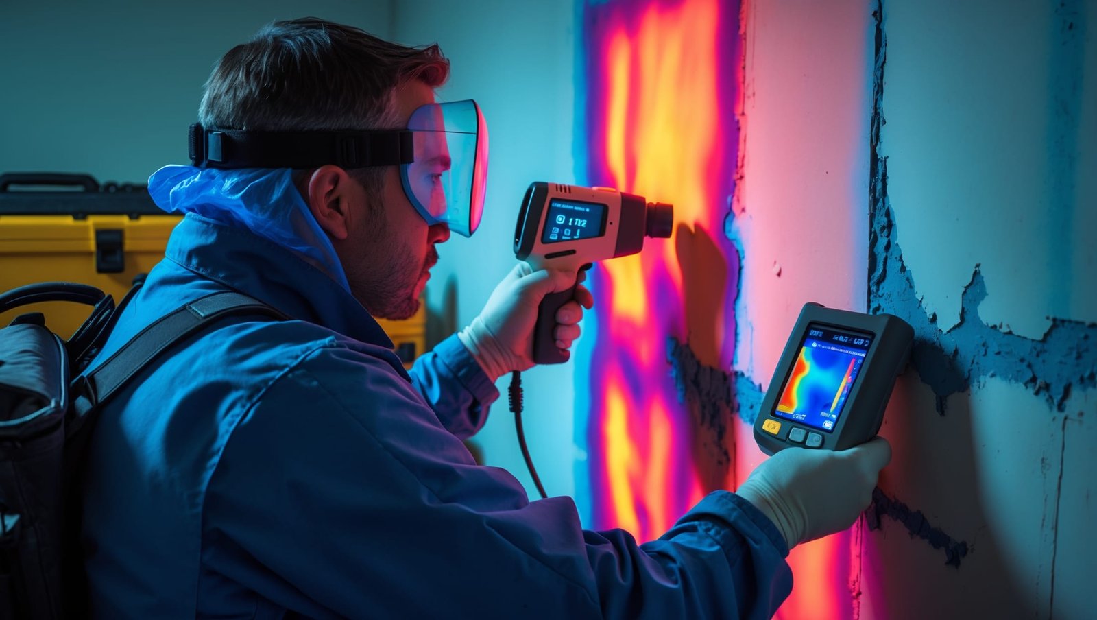 Technician using infrared moisture meter to detect hidden water damage after flood, essential for emergency water removal services