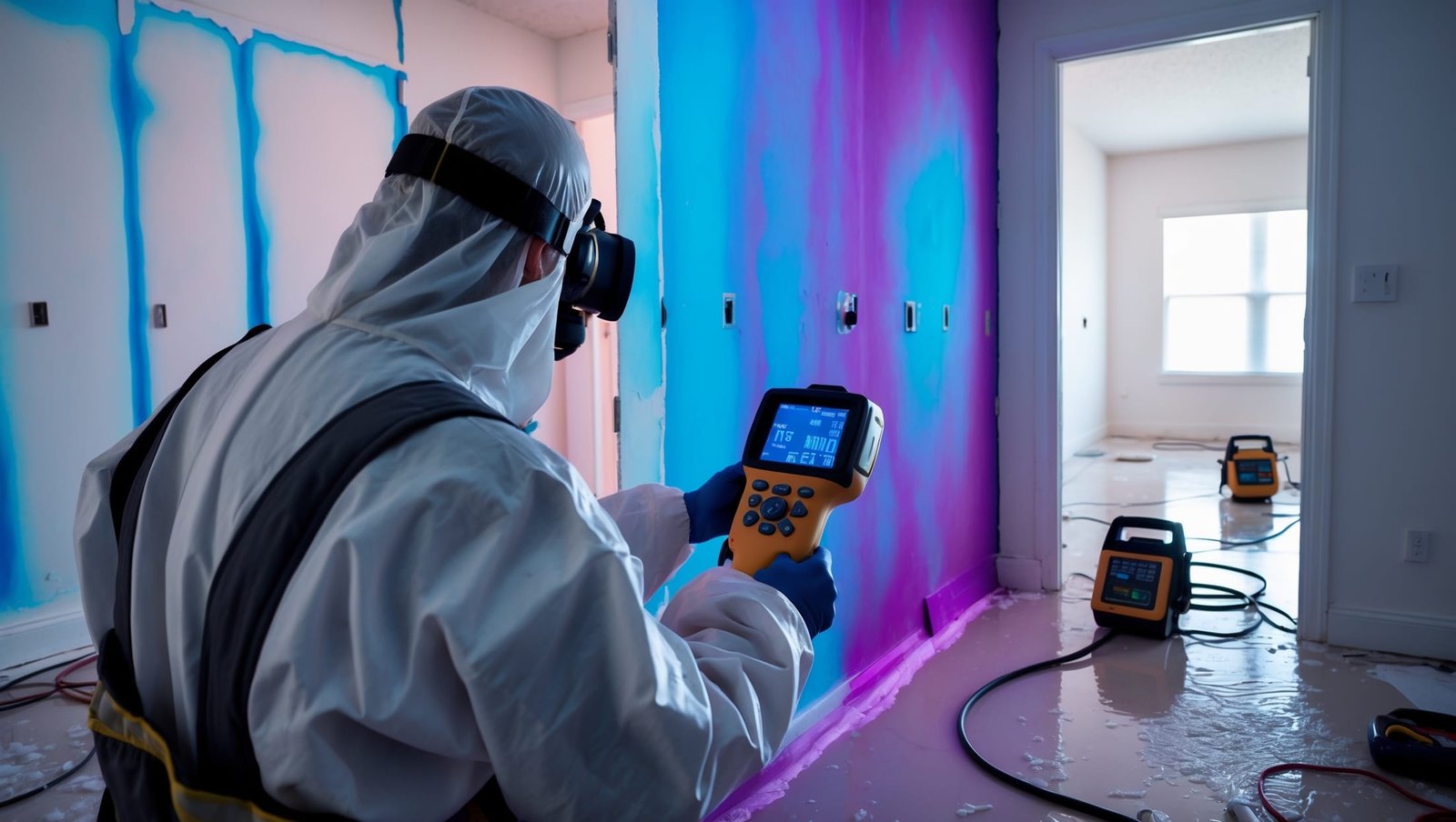 A professional using thermal imaging equipment to detect hidden moisture in walls during water damage restoration process.