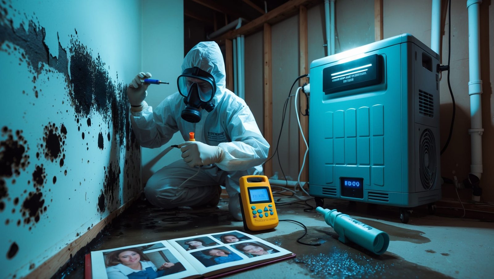 Professional water damage restoration team inspecting mold growth behind drywall, highlighting health risks from untreated moisture damage in homes.