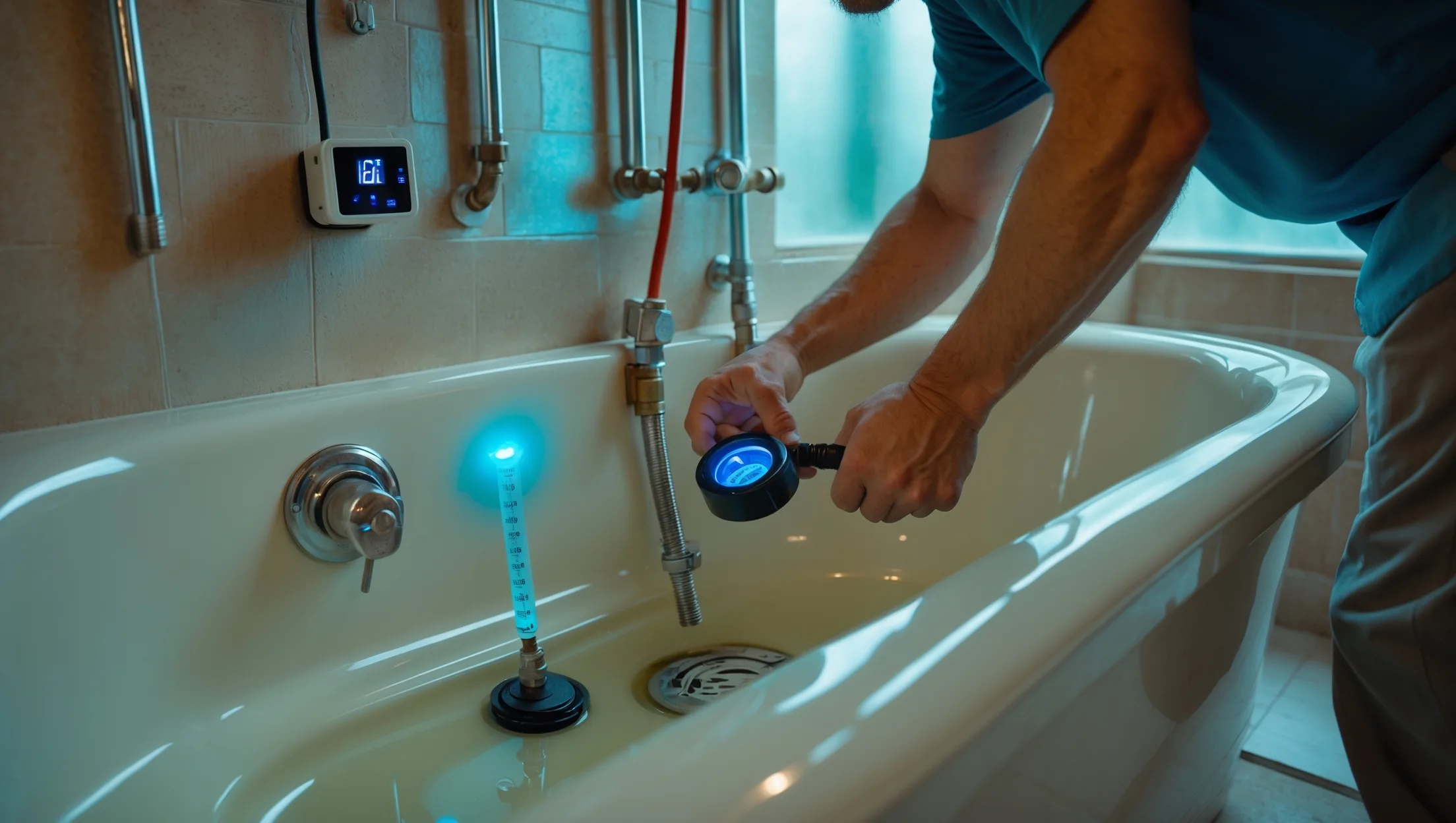 Plumber installing overflow drain on bathtub in Rochester home to prevent flooding damage while homeowner watches attentively