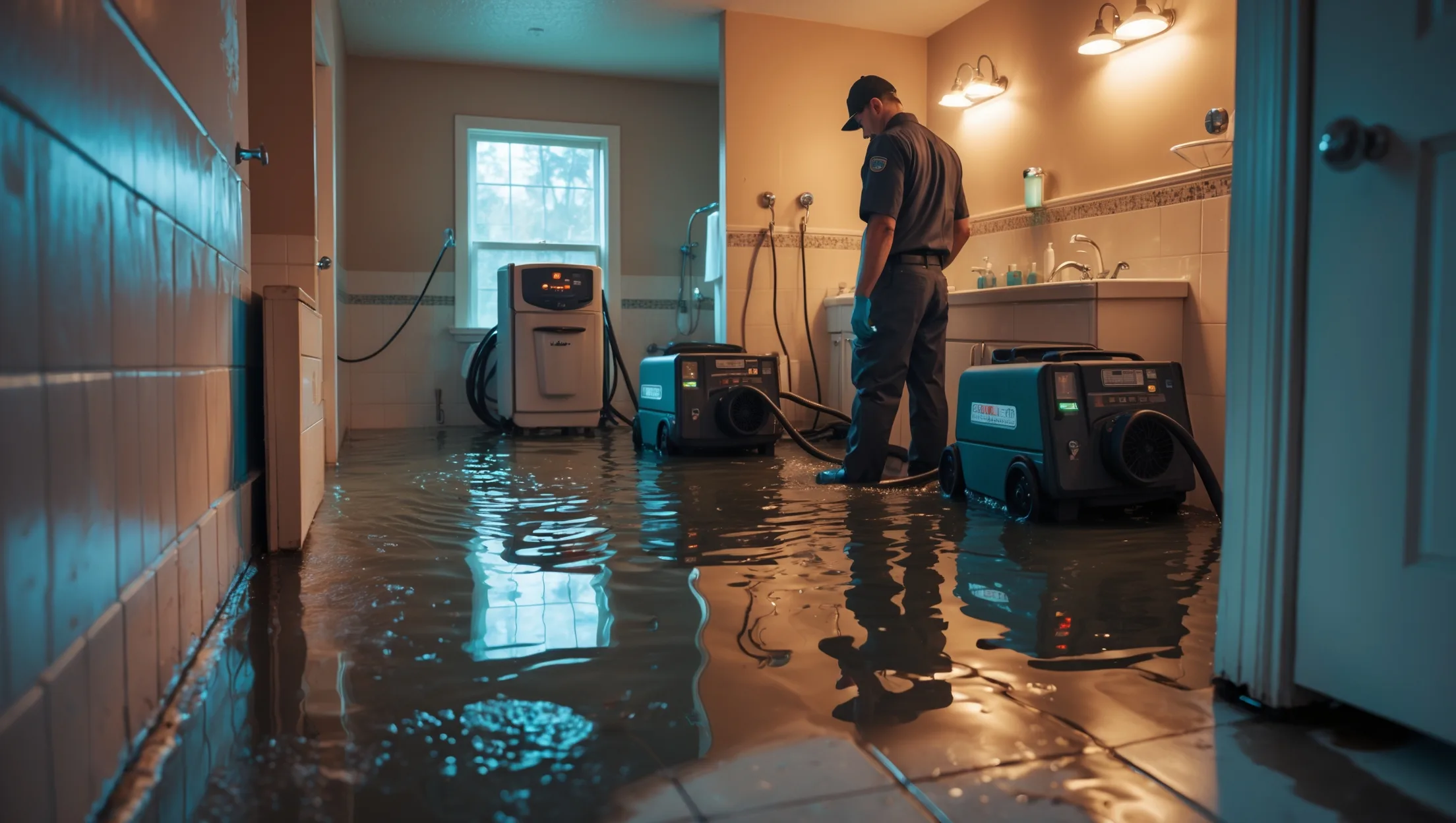 Water-damaged bathroom showing overflow from bathtub, with restoration equipment and cleanup supplies for effective bathtub flooding recovery