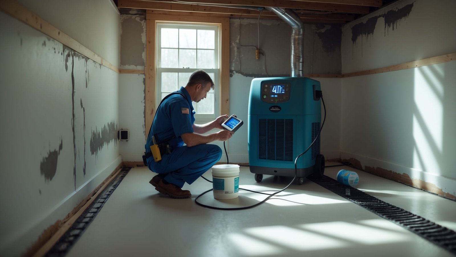 Professional technician inspecting water damage and treating black mold in a basement corner, preventing further moisture issues in a local home.