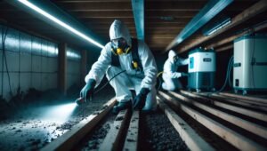 Mold Remediation Rochester NY Professional technician in protective gear removing toxic black mold from a damp crawl space with specialized equipment for safe remediation services