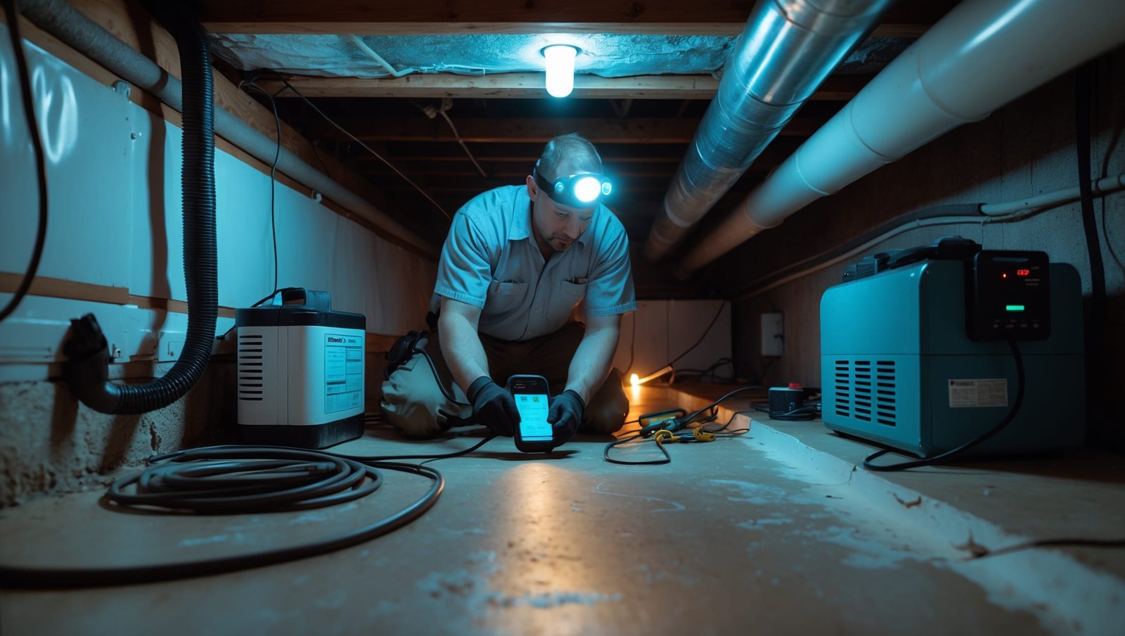 Close-up of technician removing mold in damp crawl space with moisture control equipment - effective crawl space mold removal service in action