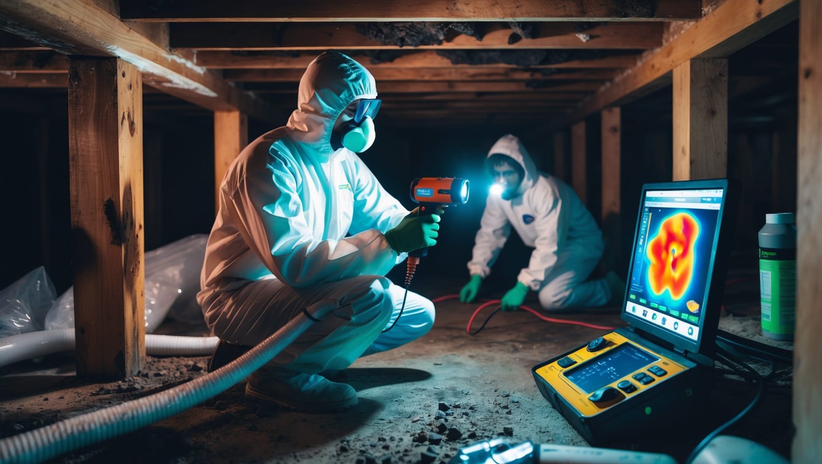 Technician using advanced equipment to detect hidden crawl space mold before applying eco-friendly remediation solutions in Nashville home