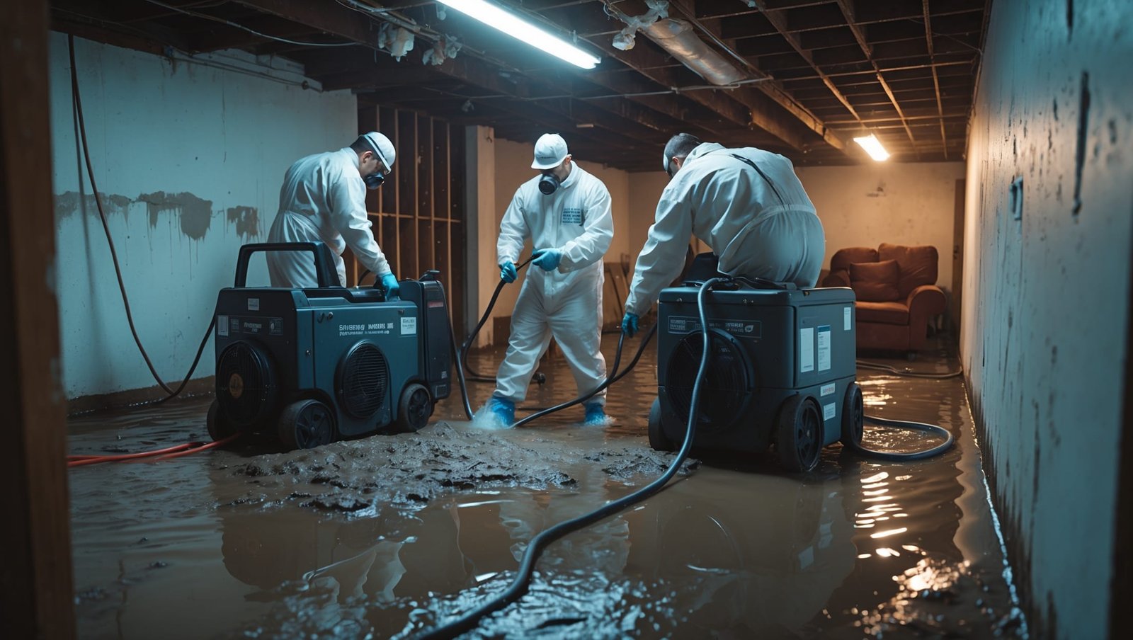 Professional cleanup crew extracting water from severely flooded basement with industrial equipment to prevent mold and structural damage.