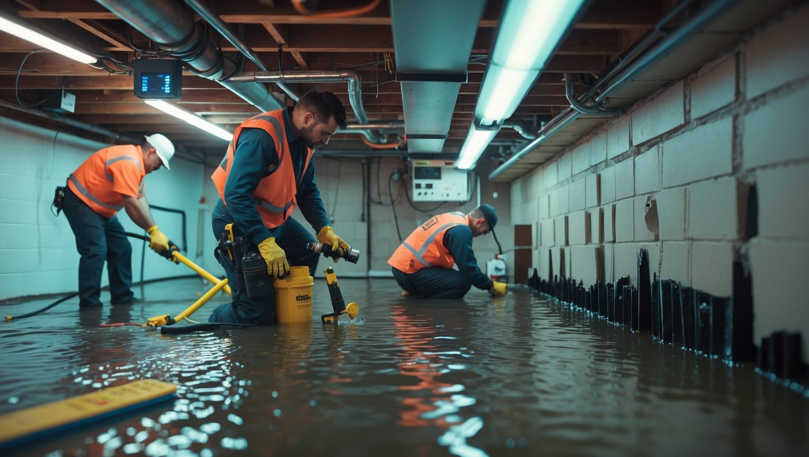 Professional team extracting water from flooded basement in Rochester home with specialized equipment and waterproofing materials for damage prevention