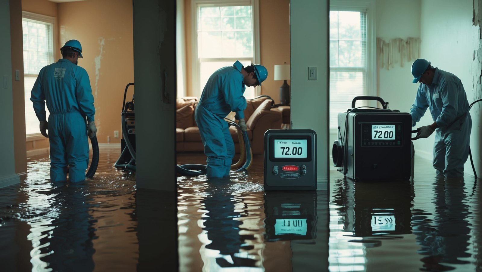 Water damage restoration technicians drying a flooded home within 72 hours to prevent mold and minimize repair costs