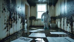 Mold Remediation Rochester NY Homeowner examining black mold damage with insurance policy in hand, wondering if home insurance covers mold remediation costs