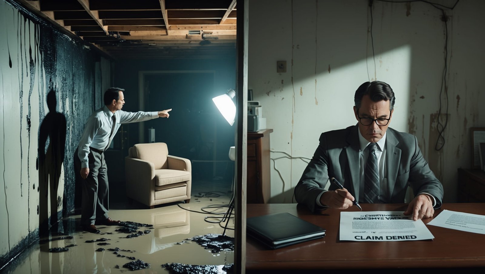 "Insurance adjuster inspecting mold damage in home basement, highlighting critical details often overlooked in home insurance mold coverage claims."