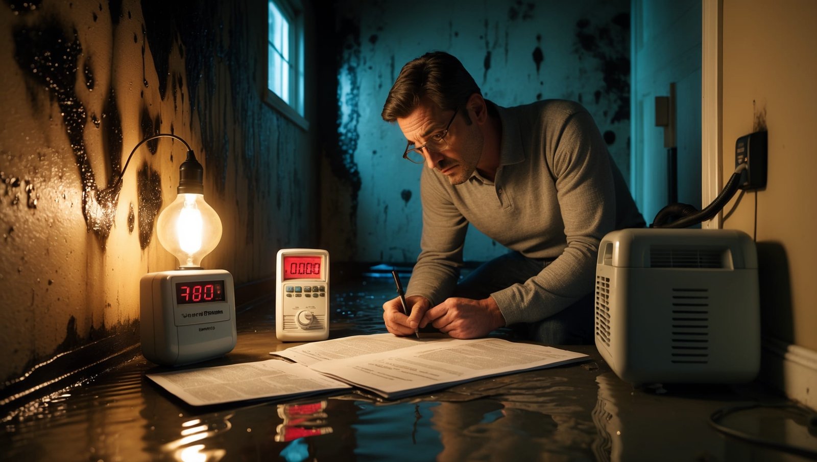 Black mold growing in a Rochester home basement with a worried homeowner reviewing insurance policy papers for mold coverage claims