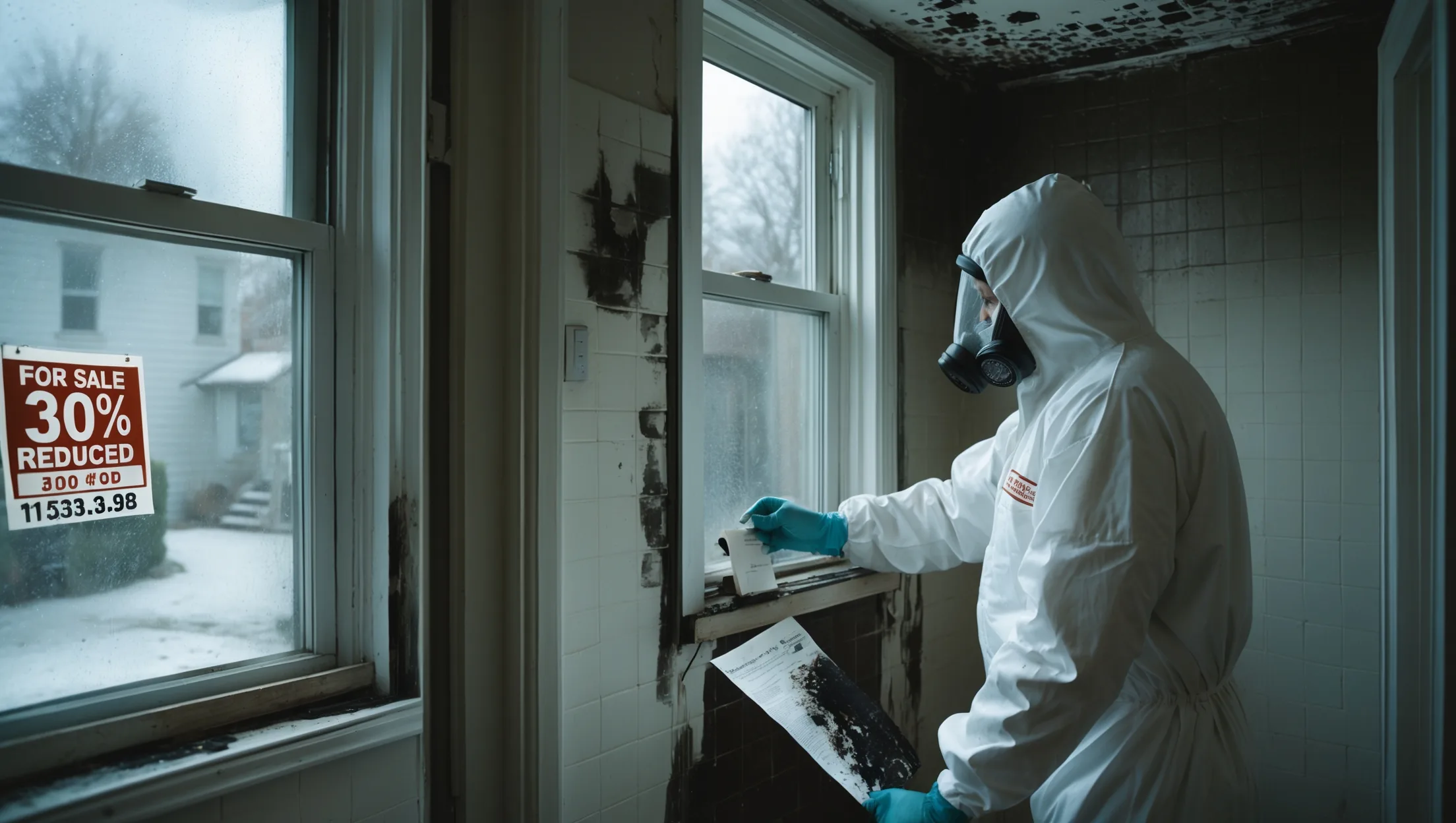Residential bathroom with visible black mold growth being treated by a professional remediation technician, showing effective mold removal in Rochester homes