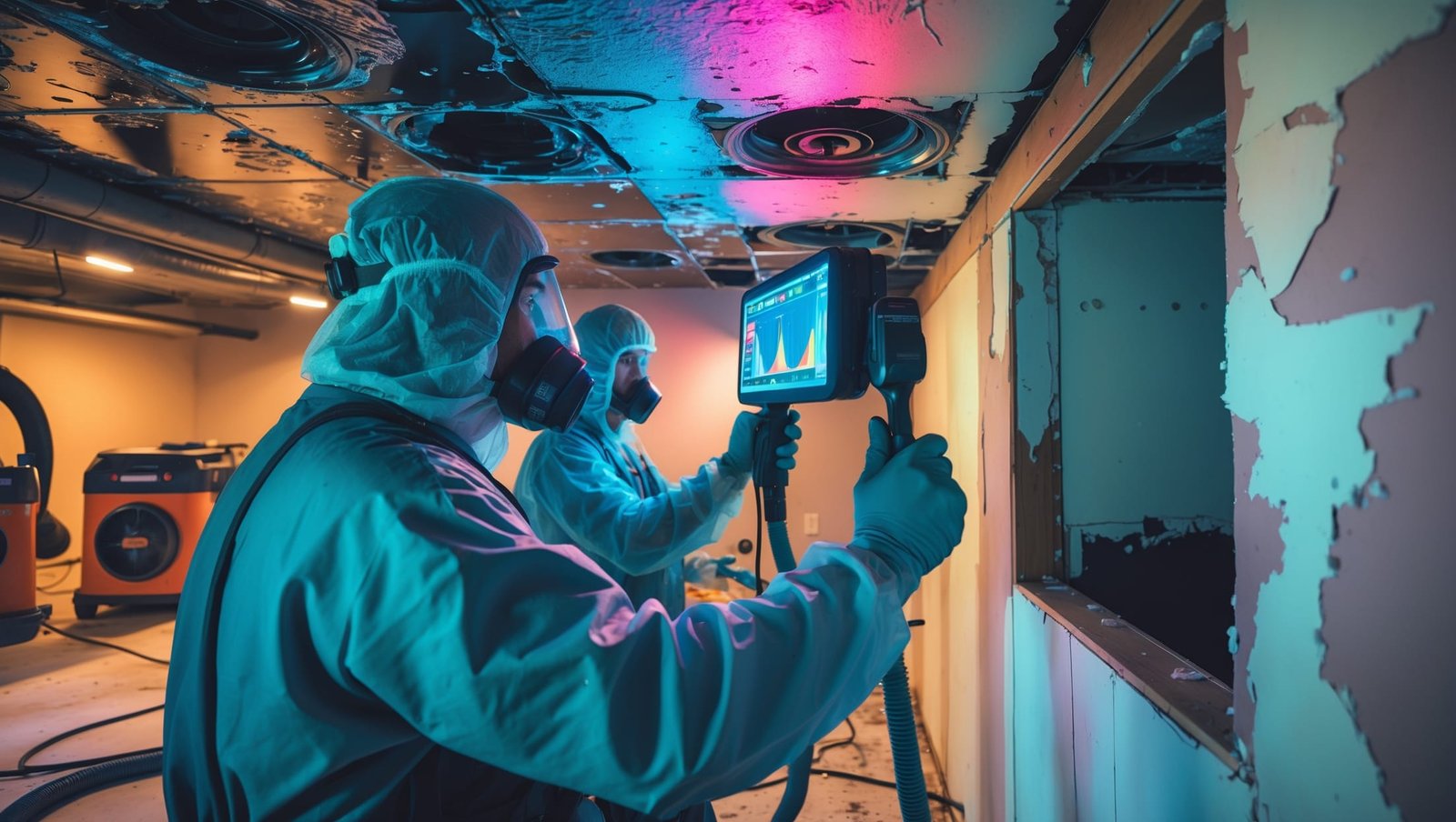 Technician repairing water-stained ceiling with professional tools, removing damaged drywall for complete water damage ceiling fix restoration