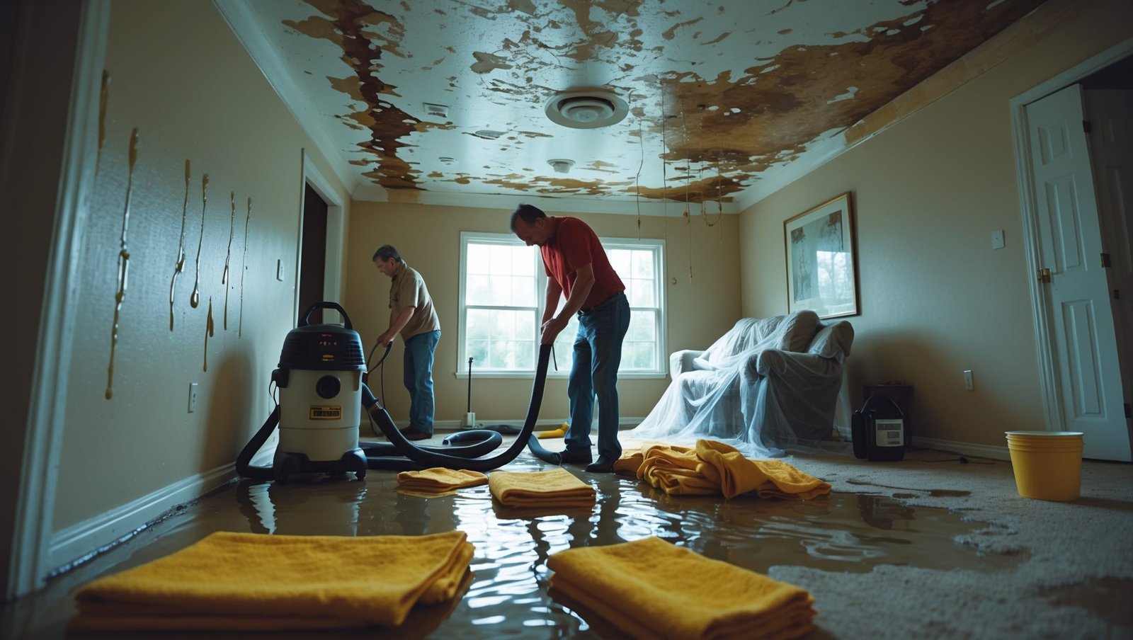 Ceiling with visible water damage stains and a person using towels to contain dripping water during emergency triage response