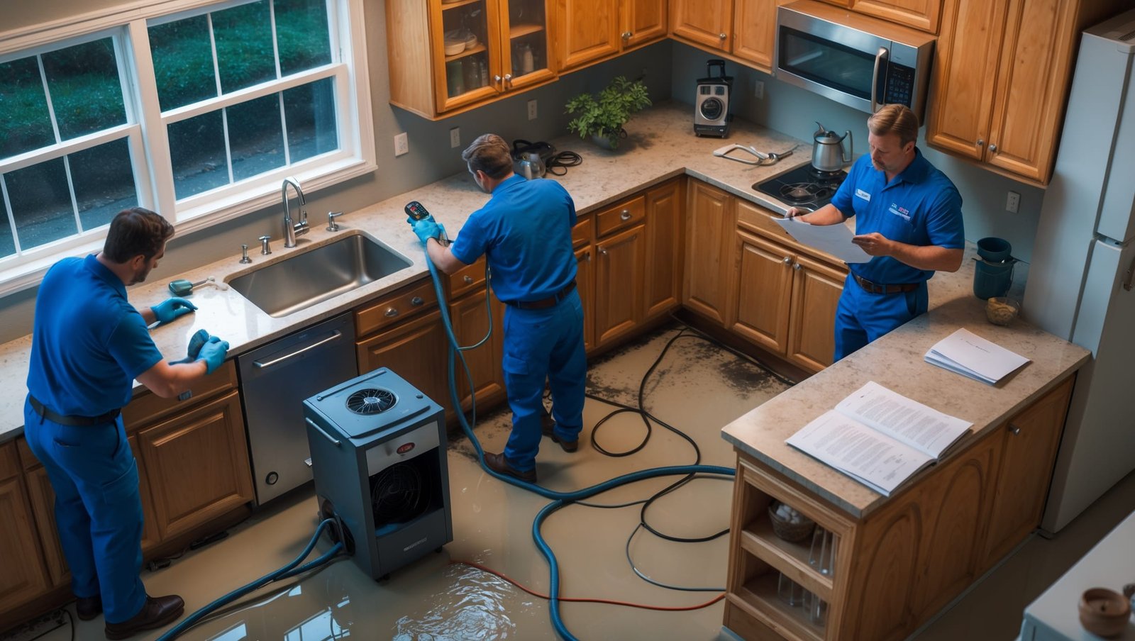 A technician inspecting water damage near a dishwasher in a kitchen while installing preventative measures to avoid future dishwasher flooded kitchen incidents.