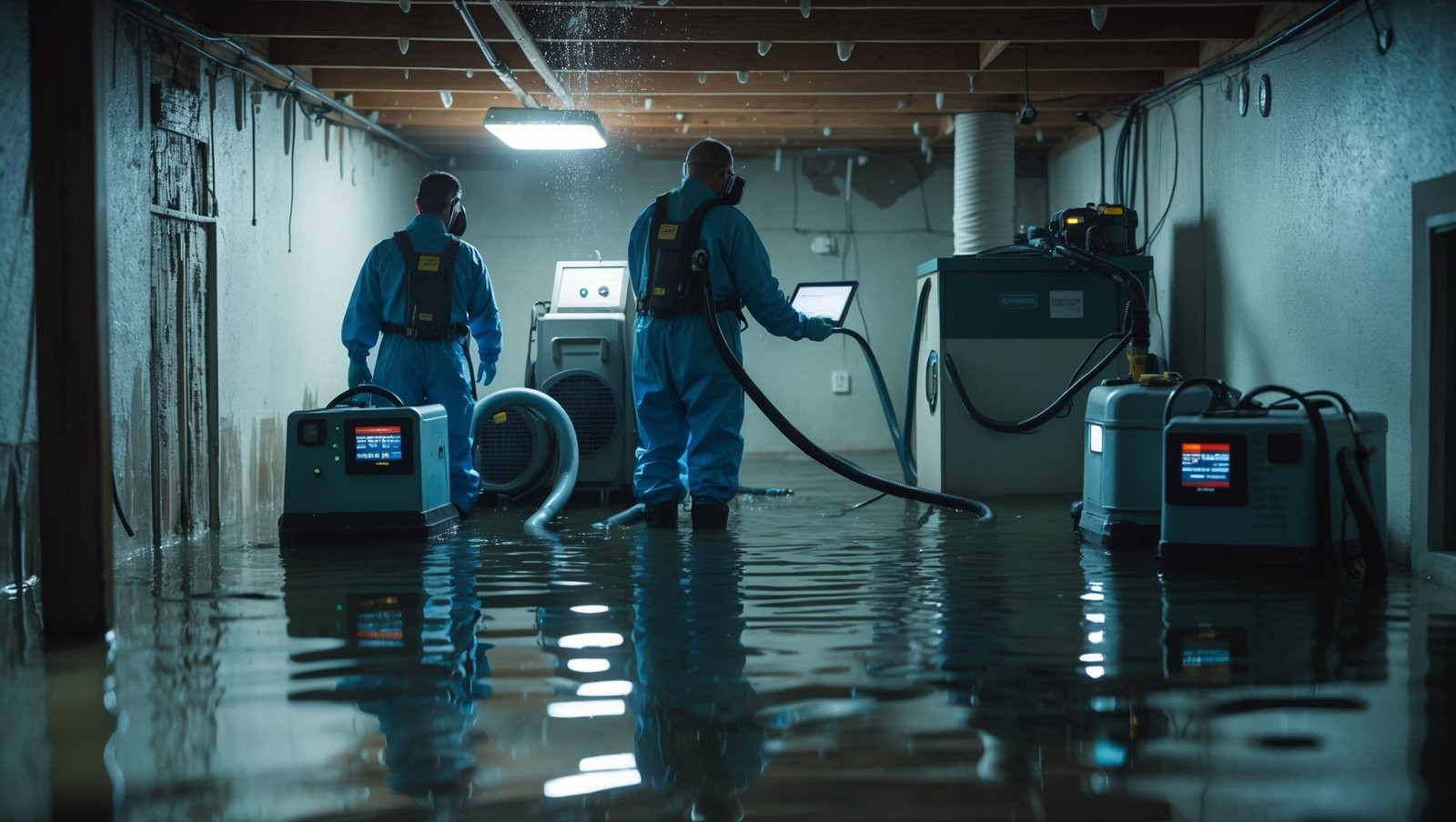 Professional restoration team removing water from flooded basement with industrial equipment and implementing advanced drying techniques.
