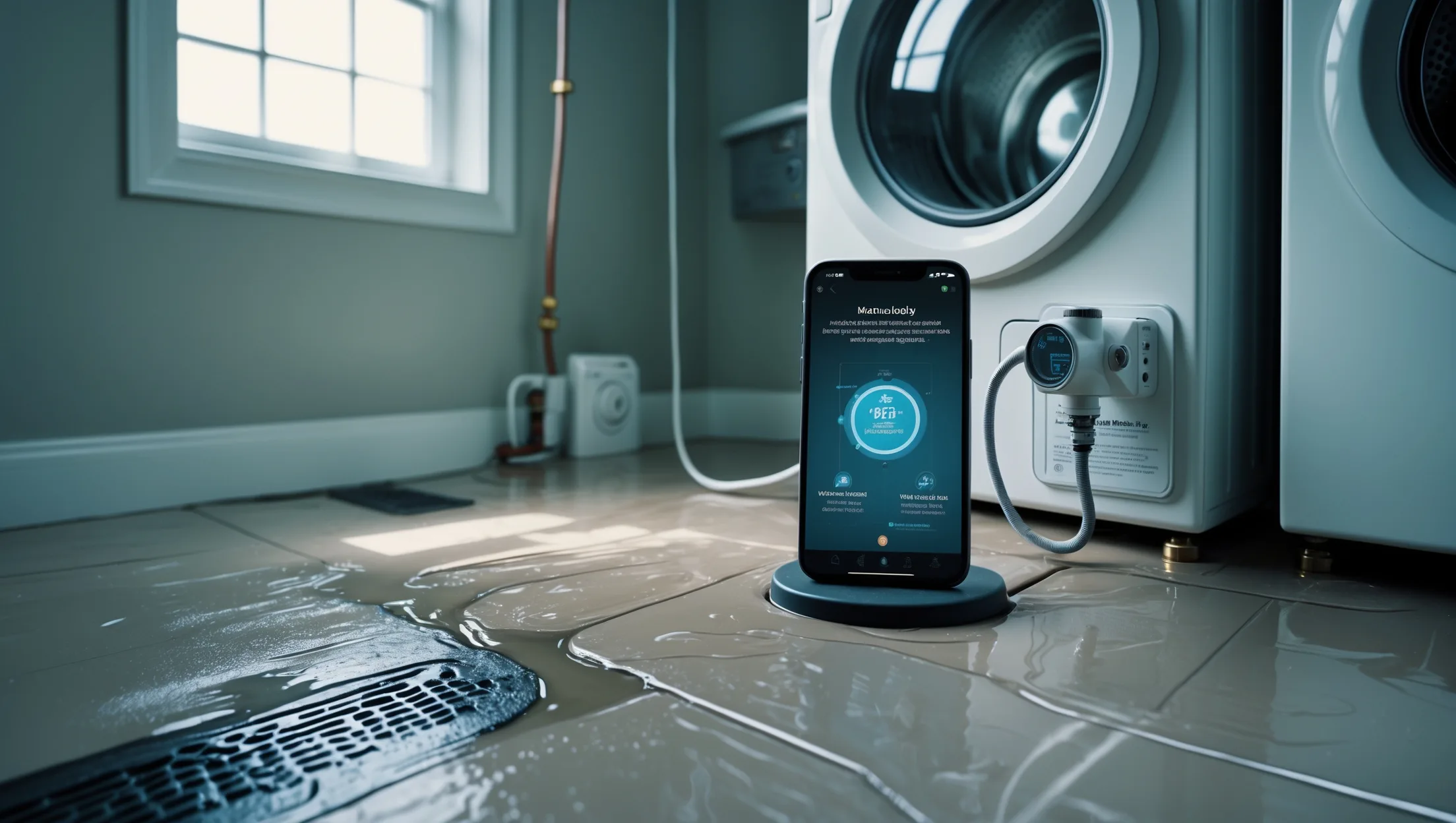 Flooded laundry room with water detection sensors, automatic shut-off valve, and elevated appliances showcasing advanced water damage prevention