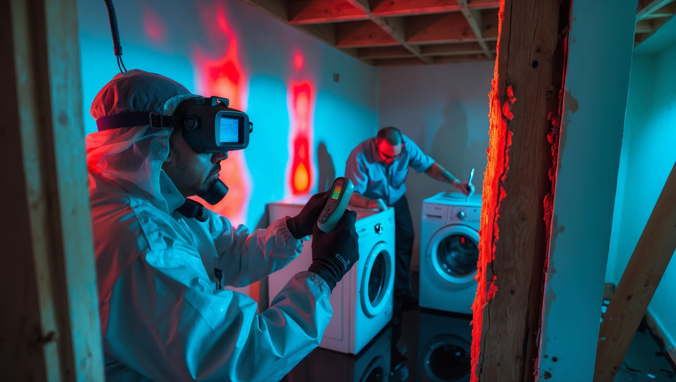 Water-damaged laundry room with visible moisture detection equipment, structural damage, and paperwork - showing hidden effects of flooding on homes.