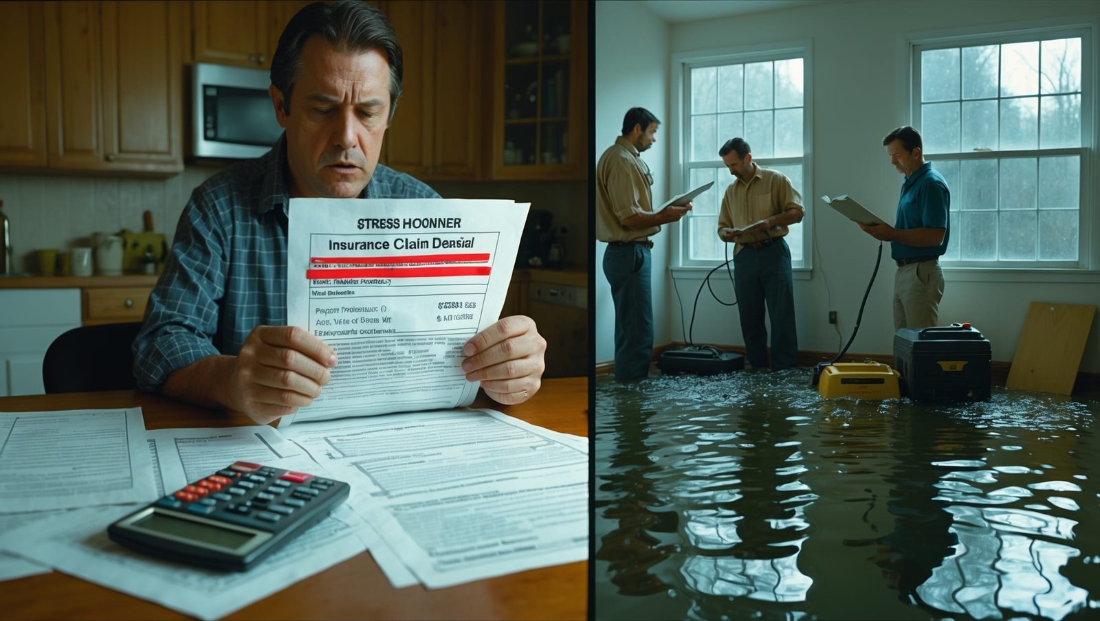 Cost to repair water damage displayed as an overwhelming insurance claim form with hidden fees and unexpected expenses highlighted in red