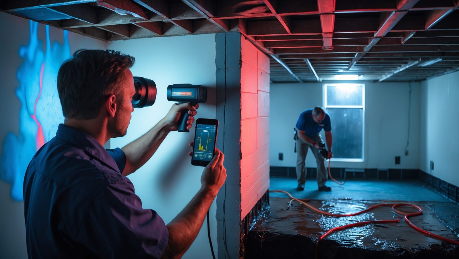 Water damage professional inspecting a flooded basement with moisture meter, showcasing expensive repair costs homeowners can avoid with preventative measures