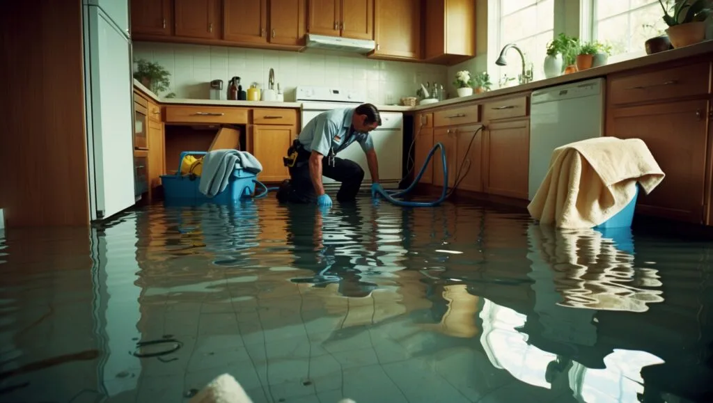 Water pooling on kitchen floor with damaged cabinets and emergency cleanup equipment, showing immediate water damage prevention that saved thousands.