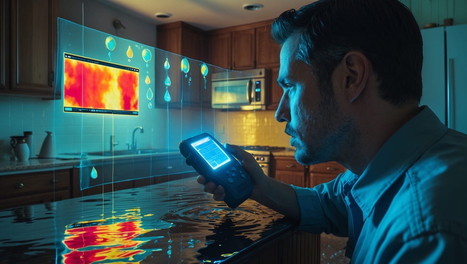 Advanced moisture detection equipment scanning a flooded kitchen, revealing hidden water damage beneath cabinets and floors
