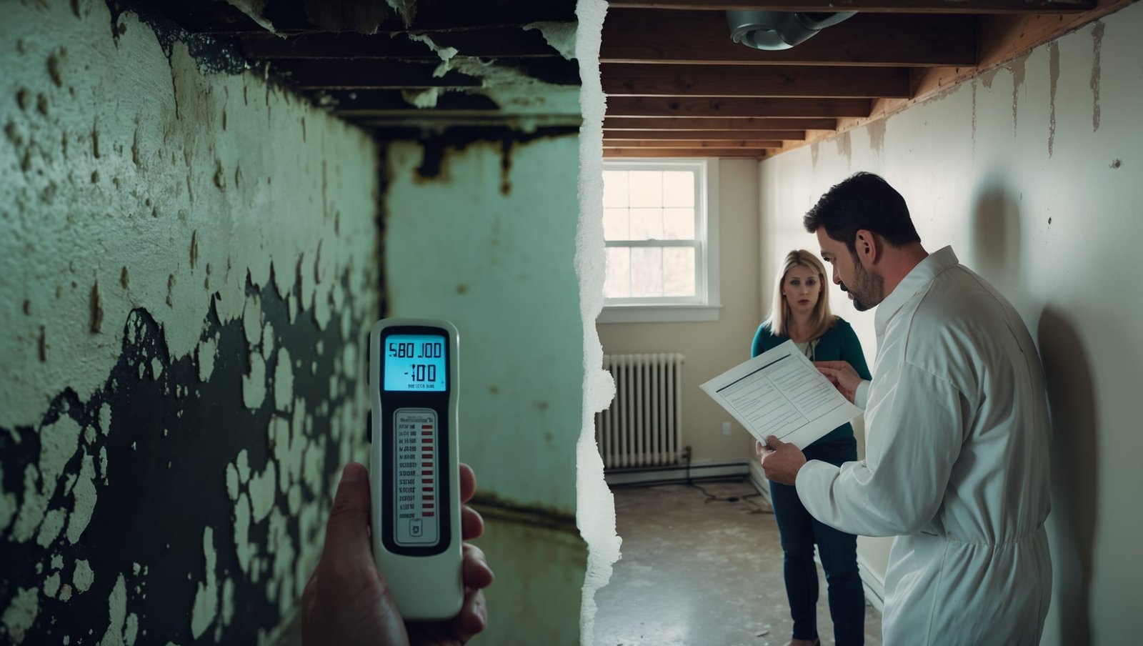Mold-damaged Rochester home with remediation specialists working, showing timeline markers for the multi-day cleanup process