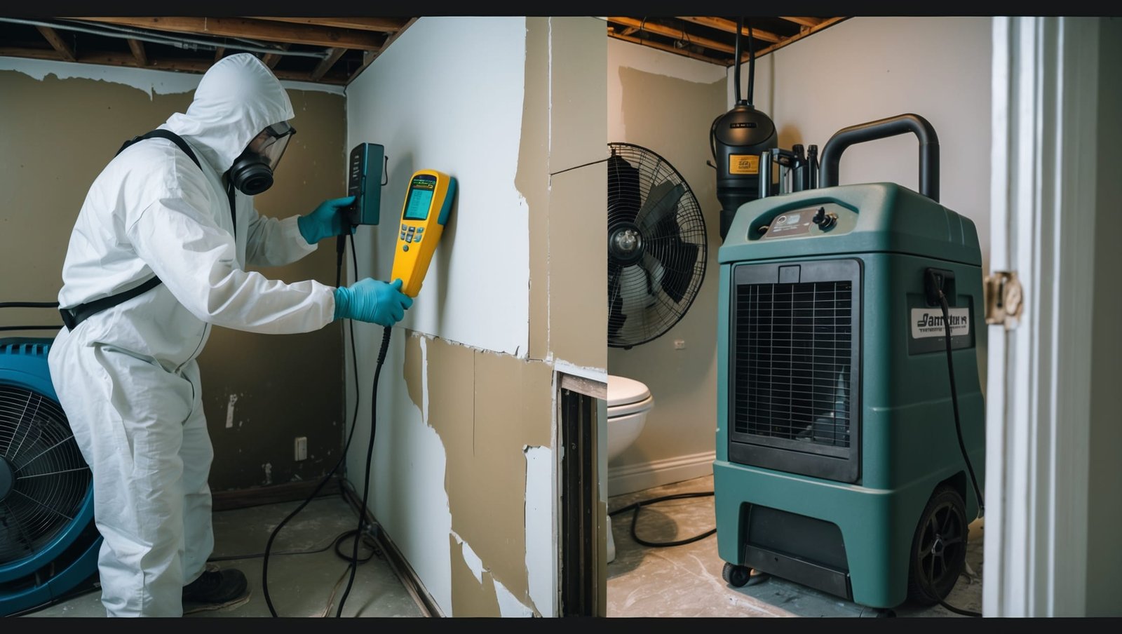 Professional mold remediation specialist inspecting water damage in Rochester home, wearing protective gear during the 3-5 day treatment process
