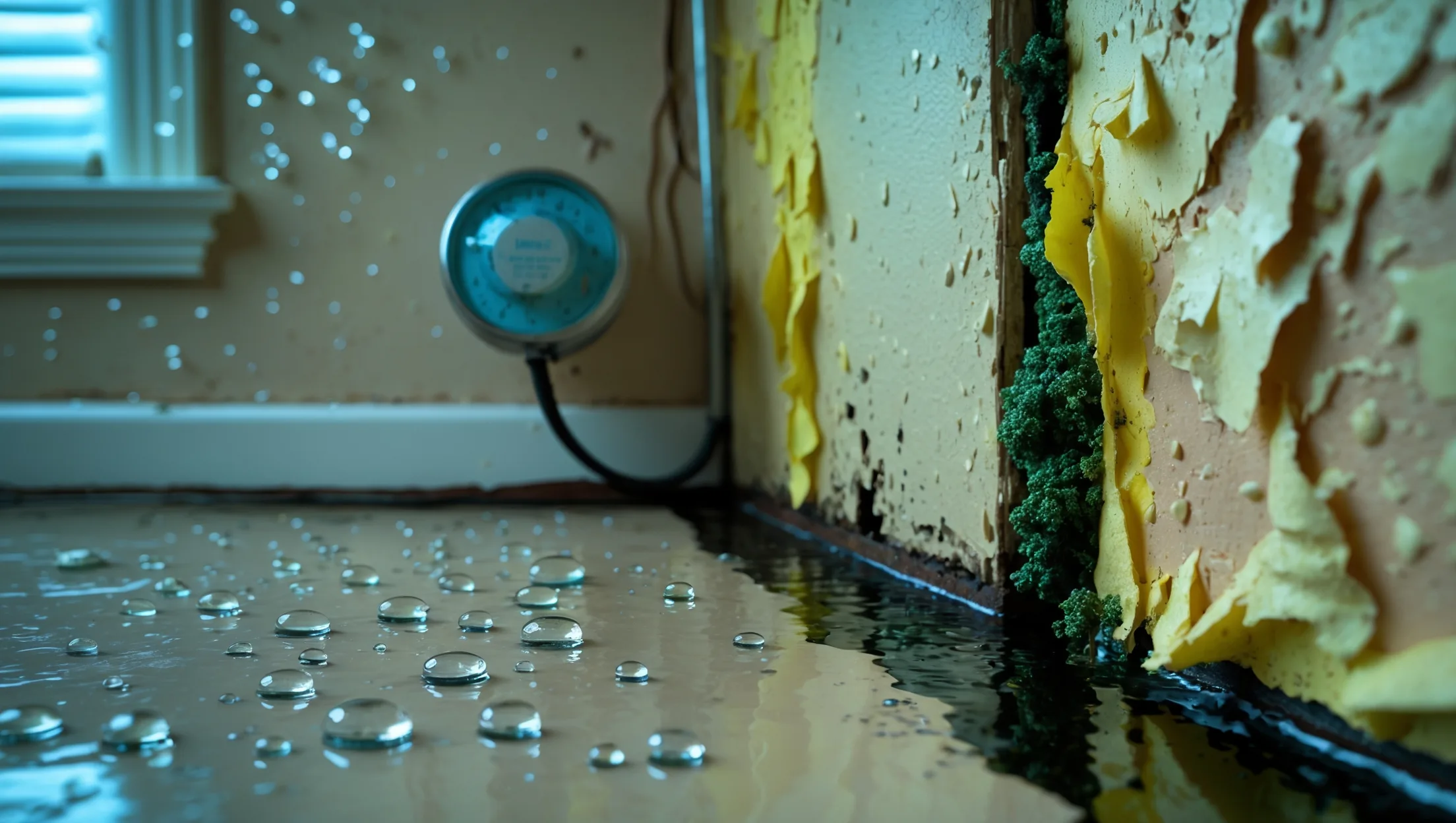 Water-stained wall with visible bubbling paint and mold growth in corner - early signs of water damage spreading within home structure
