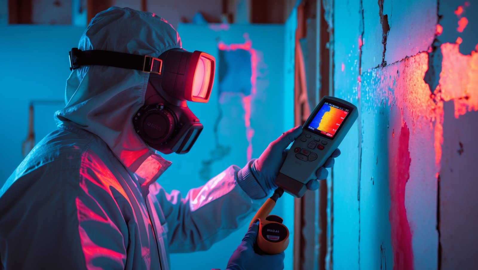 Water damage specialist using infrared equipment to detect hidden moisture behind walls, revealing early signs of water damage requiring immediate restoration.