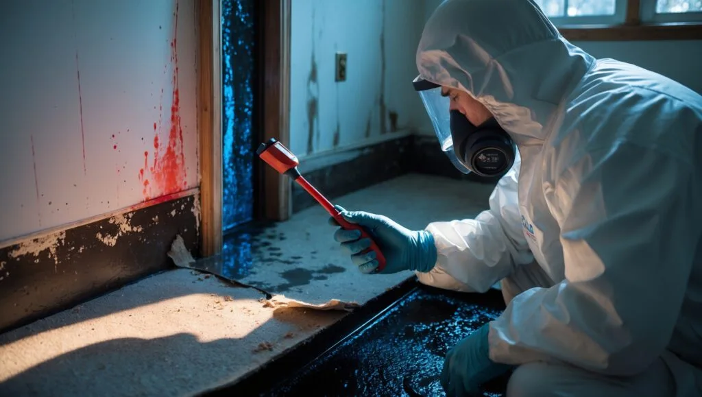 Professional inspecting severe water damage with moisture meter, revealing hidden mold behind drywall during comprehensive water damage assessment
