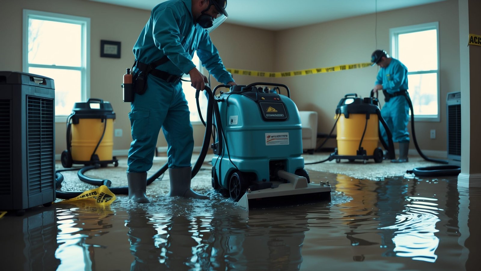 Professional technician extracting water from flooded home with industrial equipment, offering emergency water damage cleanup services in your local area.