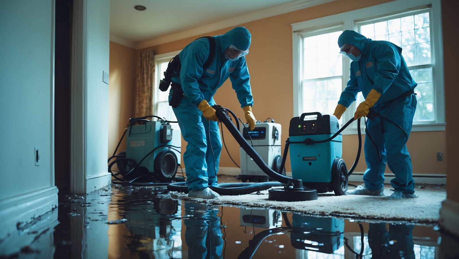 Professional water damage cleanup technicians in Rochester extracting water from a flooded home with industrial equipment and restoration tools