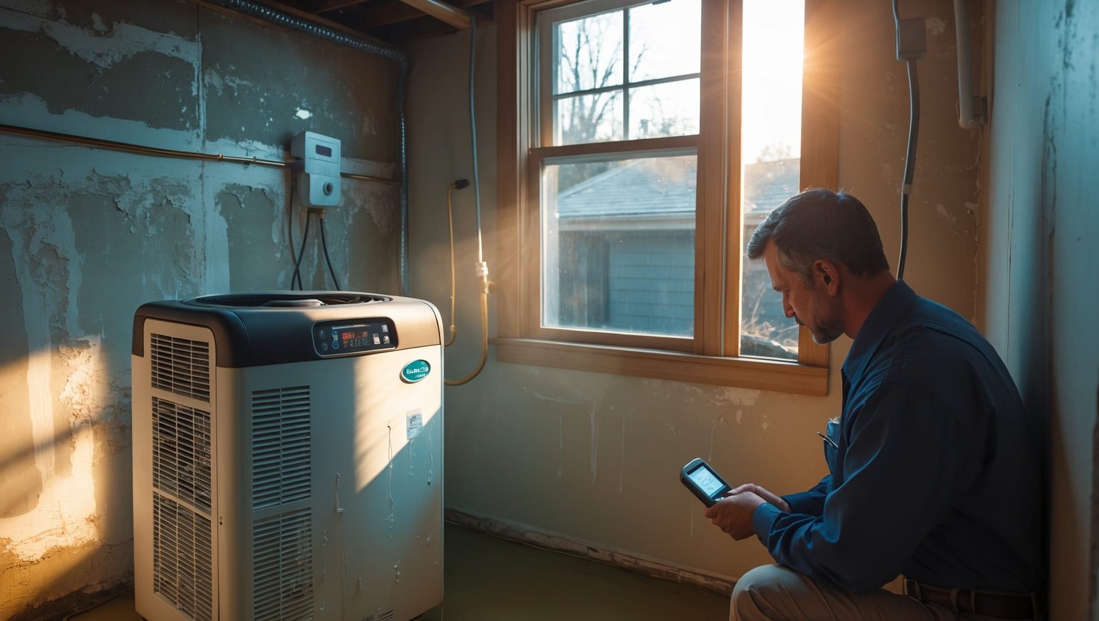 Technician inspecting water damage and mold growth in home, illustrating why moisture control is essential for insurance coverage