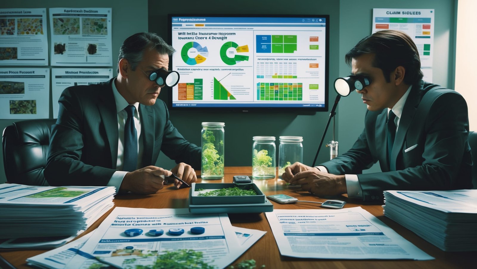 Insurance experts examining mold damage documentation in a strategic claim meeting, helping homeowners understand when insurance will cover mold remediation costs.