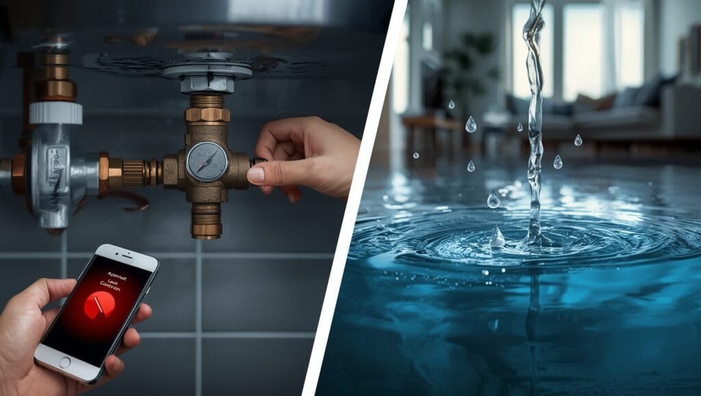 Modern automatic water shut off valve with smart controller protecting home from water damage, installed on main water line