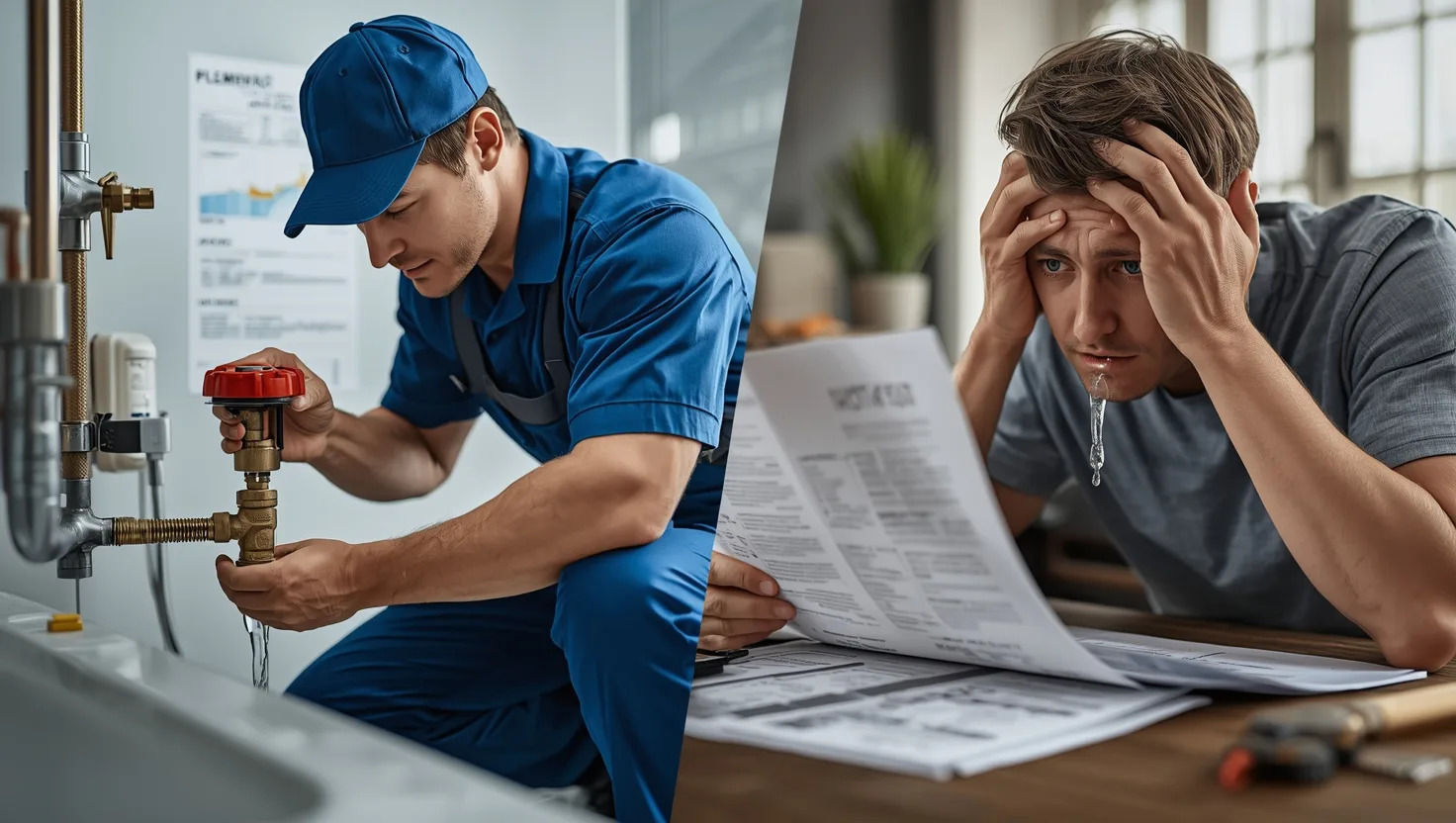 Professional plumber installing an automatic water shut off valve in home plumbing system next to DIY tools and instruction manual