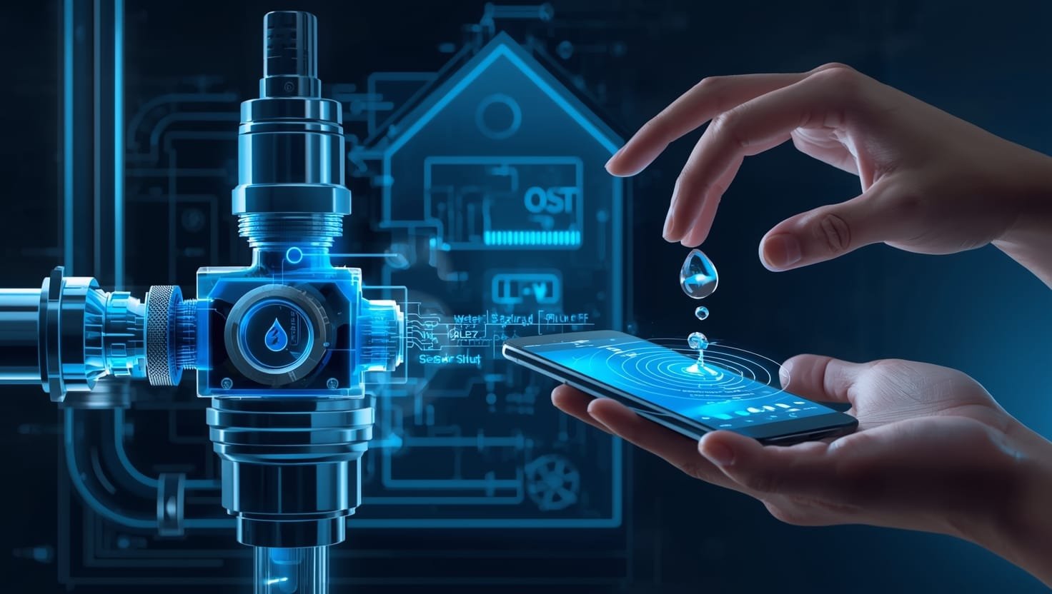 Advanced automatic water shut off valve with integrated sensors monitoring real-time data to prevent water damage in smart home systems