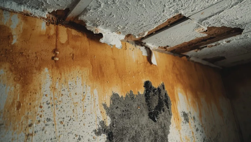 Drywall signs of water damage in walls: Water-damaged drywall showing discoloration, bubbling paint, and visible mold growth - clear signs of severe wall moisture problems