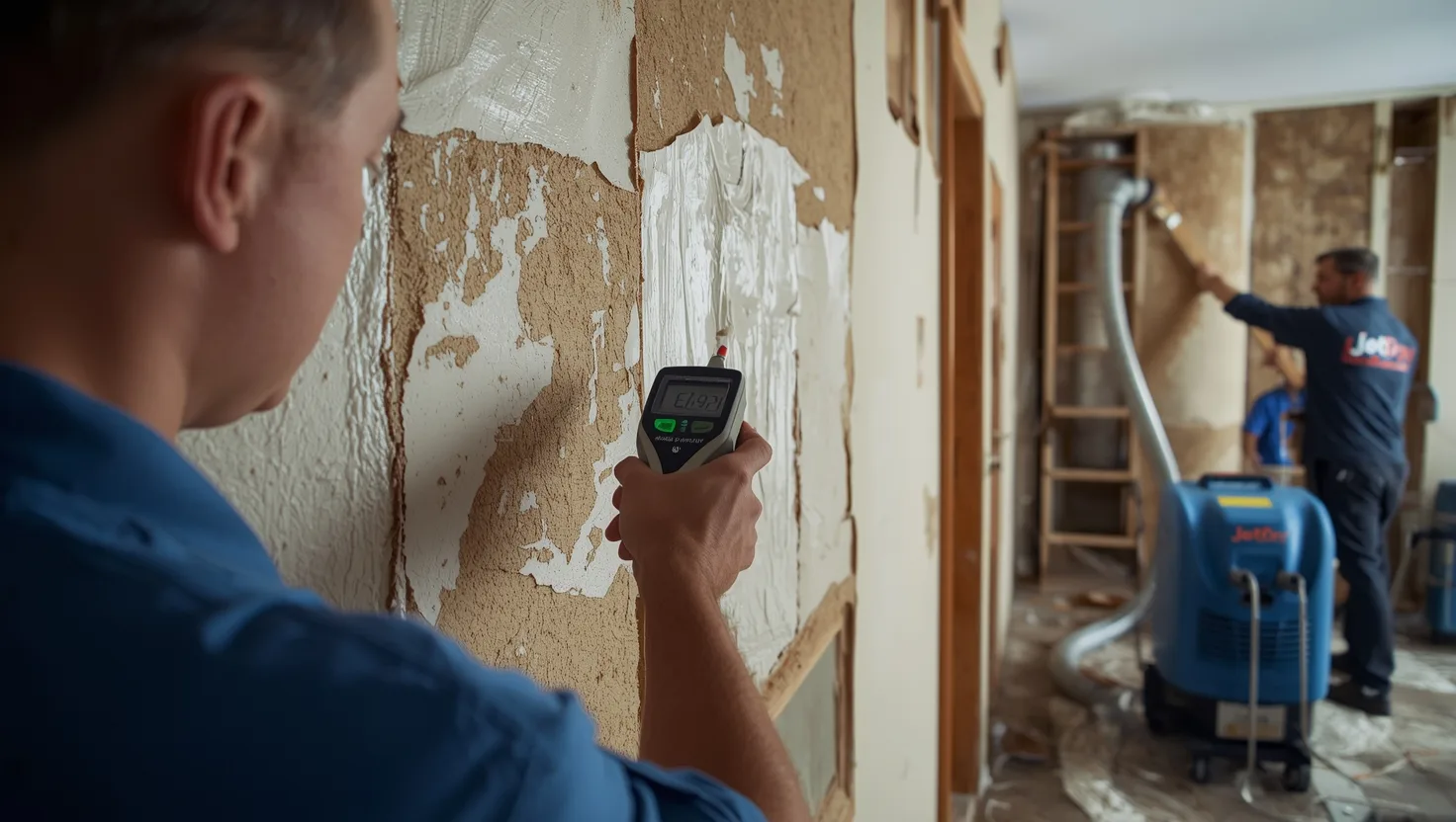 Visible water damage on beige drywall showing brown stains, bubbling paint and mold growth - key signs requiring professional restoration