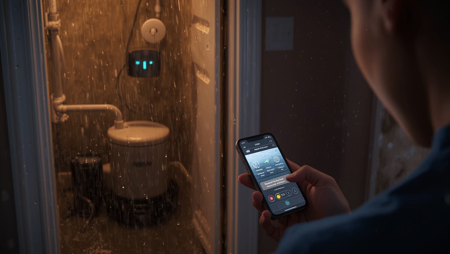 Modern high water alarm for sump pump in a Rochester basement, featuring smart sensors and mobile connectivity – protecting homes from flooding