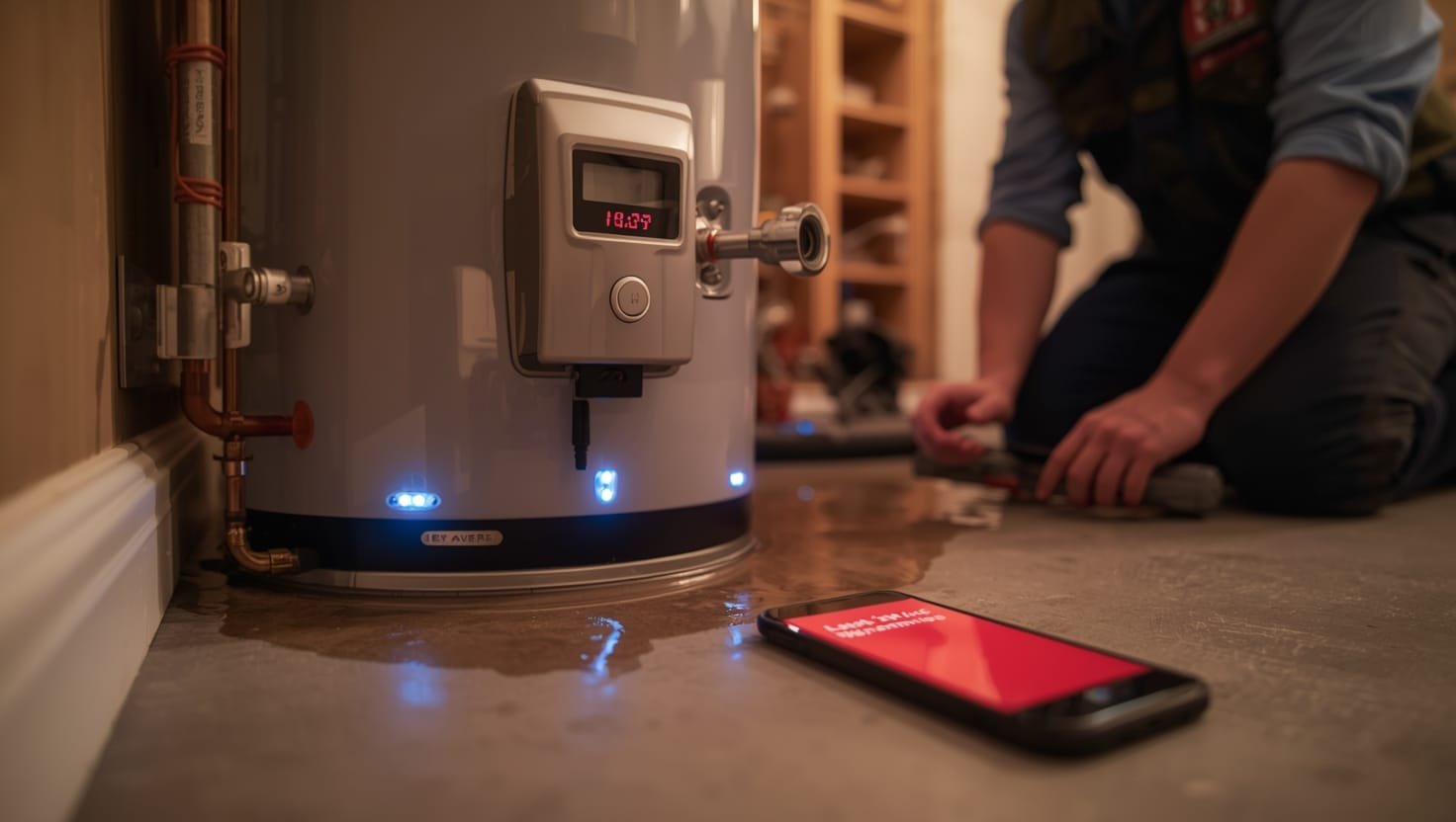 Smart water heater leak alarm system with sensors monitoring Rochester home's water heater, preventing costly water damage and flooding