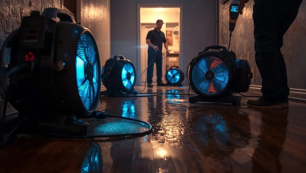 Water mitigation technicians removing moisture from hardwood floors using professional equipment after flooding, preventing long-term damage