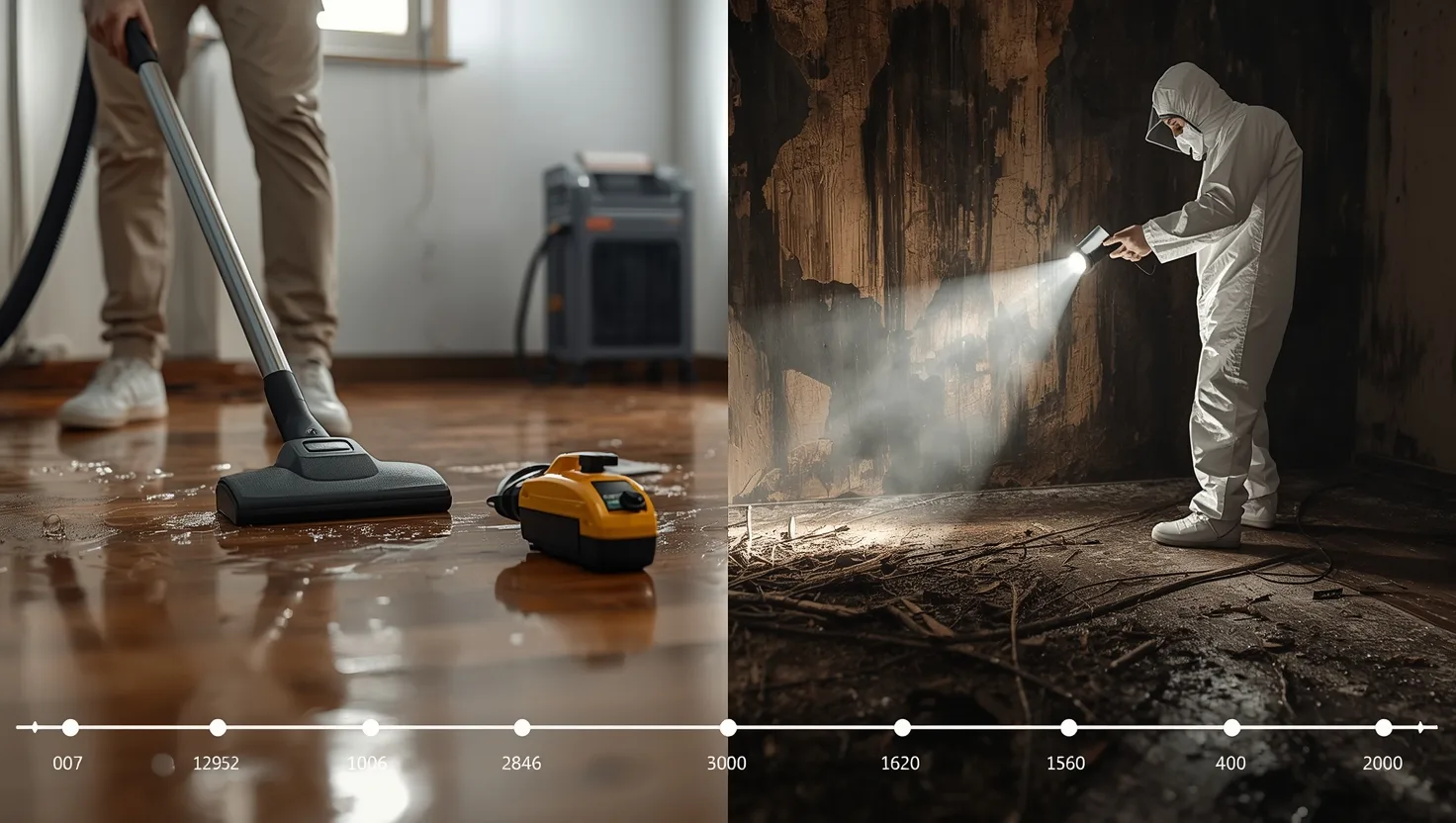 Man using wet vacuum on flooded floor with visible water damage, weighing DIY water mitigation versus professional restoration services