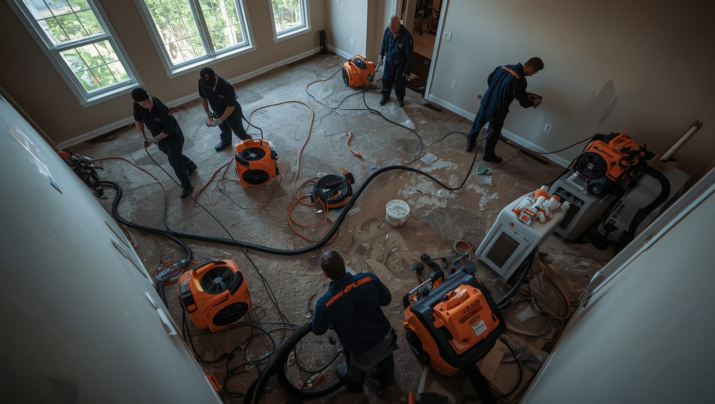 Water mitigation team extracting floodwater and drying a living room with industrial equipment during the critical first 24 hours after flooding