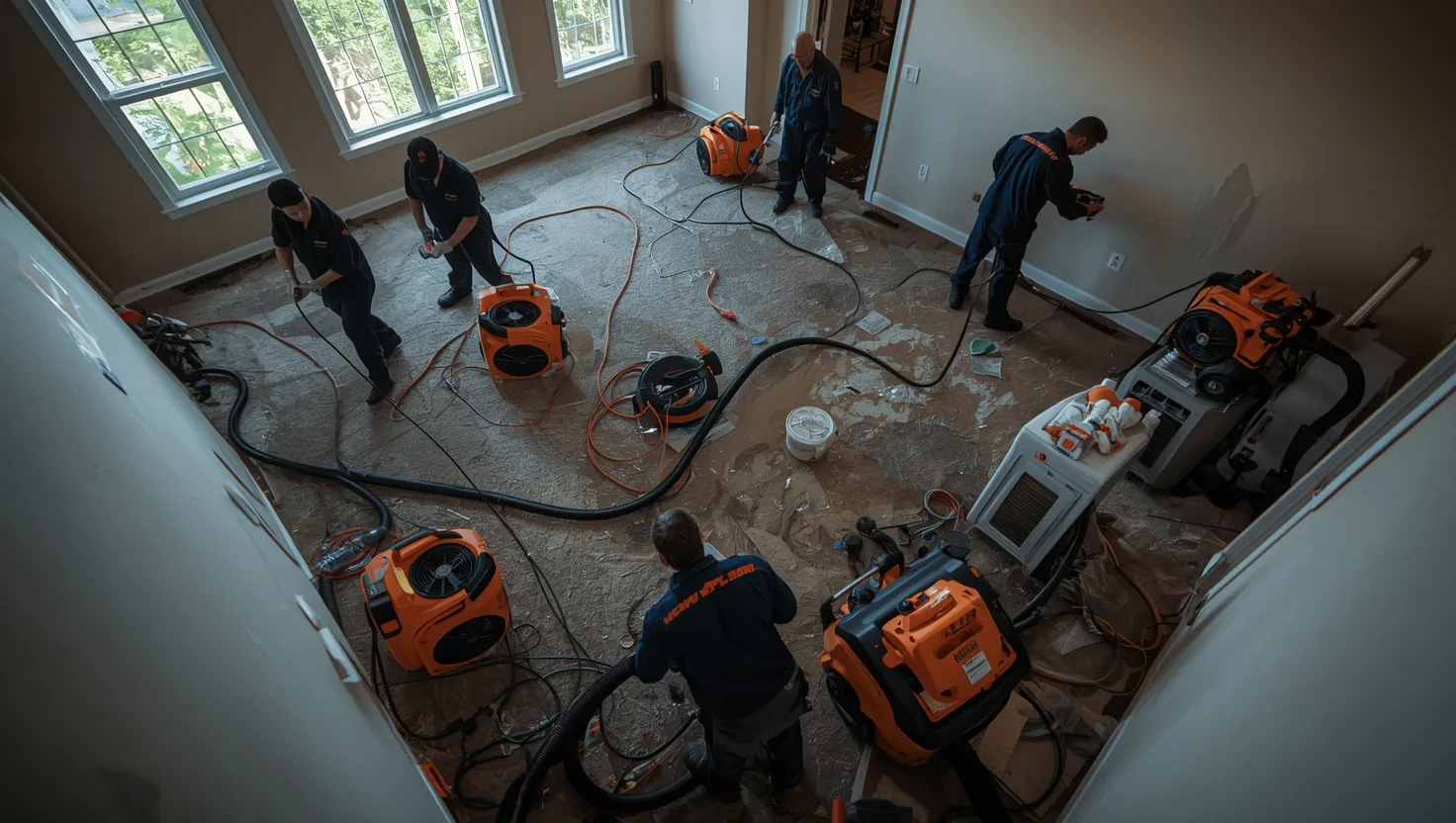 Water mitigation team extracting floodwater and drying a living room with industrial equipment during the critical first 24 hours after flooding