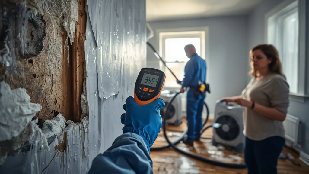 Professional water damage restoration team extracting moisture from damaged drywall with specialized equipment to prevent mold growth